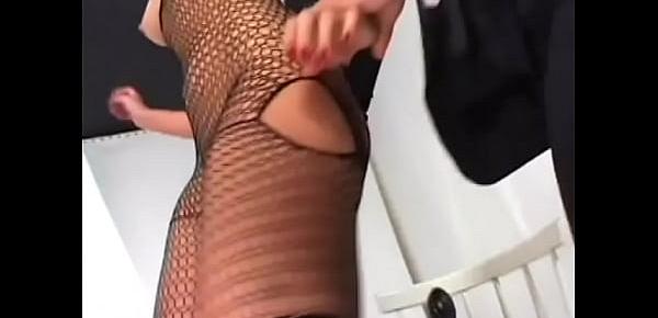  Sexy anal whore with shaved pussy and fishnet lingerie gets hard ass fucking